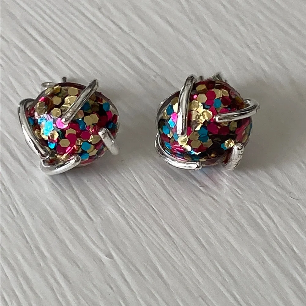 Handmade Multicolor Confetti Glitter Ball Stud 925 Sterling Silver Earrings